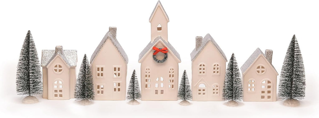 Mark Feldstein & Associates LED Holiday Figurines - Silver Rooftopped Village with Trees | 16-Piece Set, 11 Inch