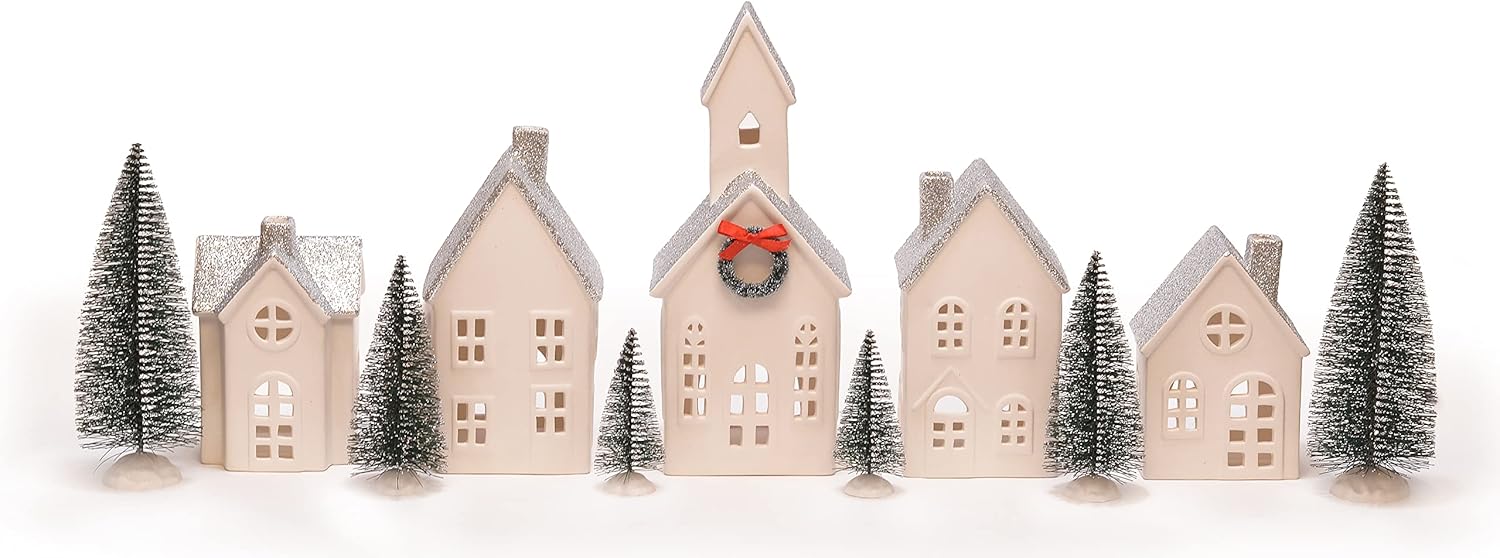 Mark Feldstein & Associates LED Holiday Figurines - Silver Rooftopped Village with Trees | 16-Piece Set, 11 Inch