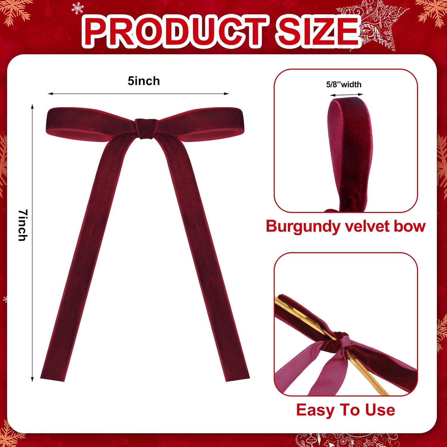 Regine Switzerland 24 Pcs Velvet Bows - Vintage Ribbon Bows for Christmas Tree & Crafts | Burgundy, 5 x 7 Inch