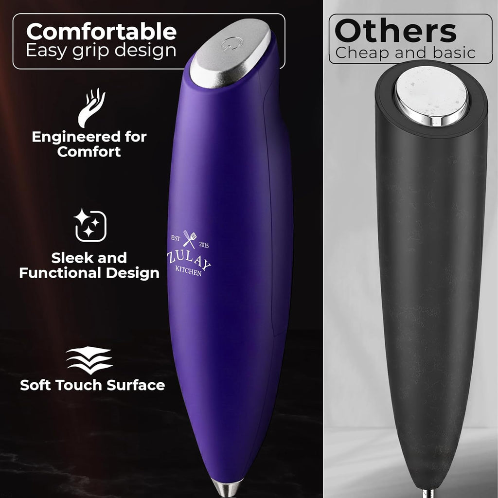 Zulay Kitchen Tornado Triple Whisk Milk Frother - Handheld Foam Maker for Coffee & Lattes - Purple with 4 Duracell Batteries