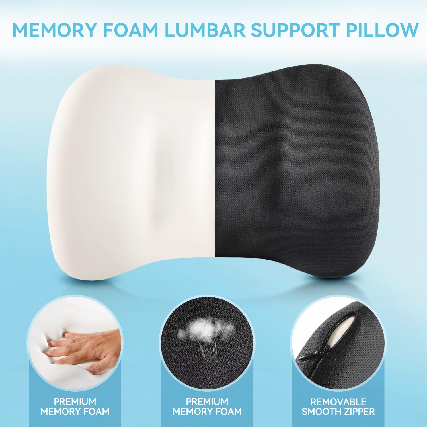 Lumbar Support Pillow for Car Seat and Office Chair, Memory Foam Back Cushion with Breathable Cover and Adjustable Straps for Driving, Ergonomic Orthopedic Back Rest Lower Back Support, Black