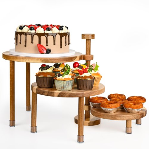 GEHE 3 Tier Round Cupcake Stand, 360° Rotatable Acacia Wood Cake Stand Cupcake Tower, Rustic Wooden Tiered Dessert Table Display Set, Tiered Tray Stands for Birthday, Wedding Party