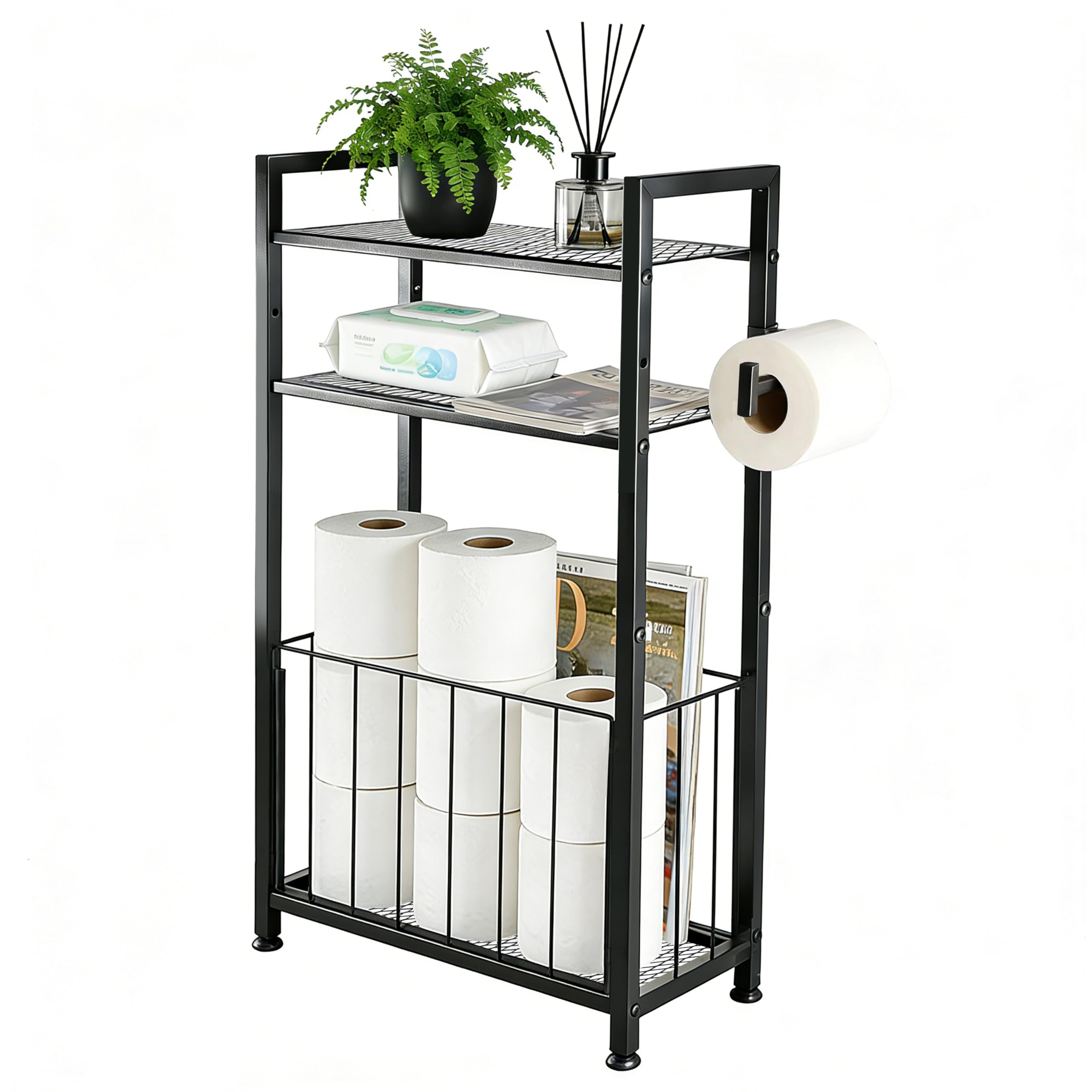 Free Standing Toilet Paper Holder with Shelf, Adjustable Feet Bathroom Toilet Paper Holder Stand for Narrow Space, Roll Dispenser Tissue Holder, Holds Multiple Rolls and Keeps Paper Dry and Clean