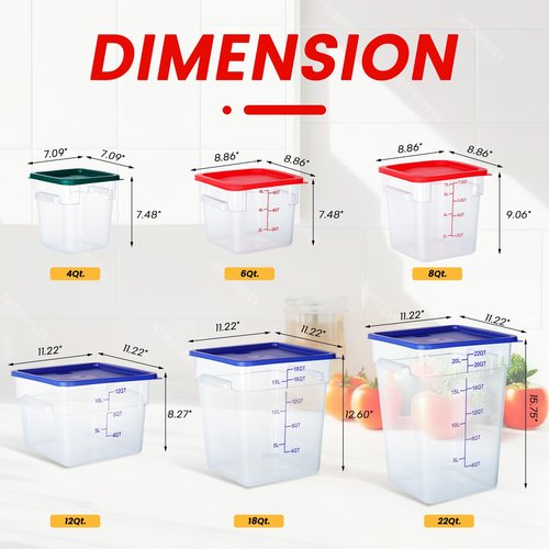 STEELUS 4 Pack Food Storage Containers, 8 Quart with Lids, Square Commercial Containers with Scale, Clear NSF Food Organizing, Polycarbonate