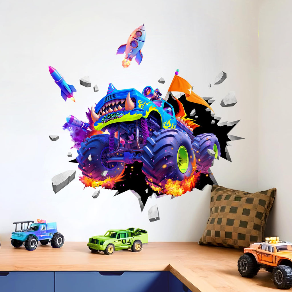 Supzone Monster Truck Wall Decals for Boys, 3D Racing Car Break Through The Wall Vinyl Wall Sticker for Kids Bedroom Nursery Playroom Classroom