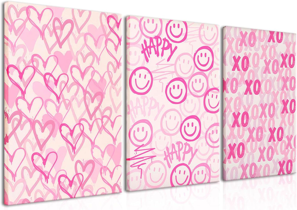Simplicity Pink Wall Art Set of 3 - Heart Shaped Doodle Smiley XO | Modern Canvas Prints for Girls' Bedroom - Framed 12x16 Inch