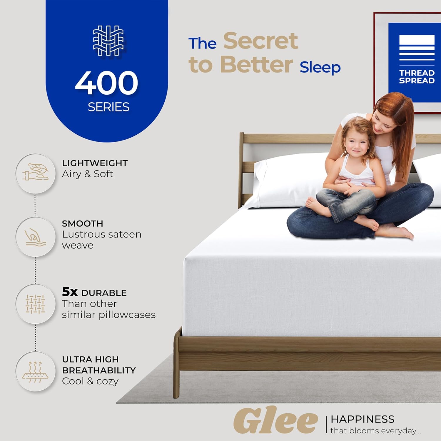 Thread Spread King Size Pillow Cases Set of 2 | Luxury 400 Series Glee Collection - Soft, Cooling, Durable Cotton (White)