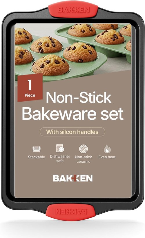 BAKKEN Nonstick Baking Pan - Durable Carbon Steel Cookie Sheet with Red Silicone Handles | 15.15 x 10.03" Oven Safe Up to 450°F
