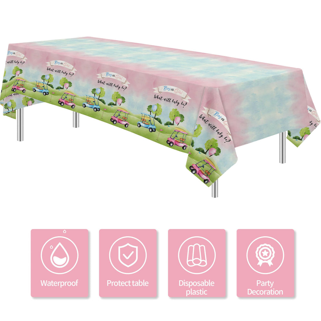 Xenorik Golf Gender Reveal Decorations Tablecloth - Disposable Blue Or Pink Golf Gender Reveal Party Supplies Table Cover, He Or She Golf Gender Reveal Party Table Cloth, 3 Pack (108in x 55in)