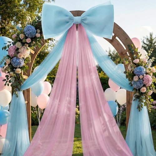 Canlierr Extra Large Pink & Blue Organza Bow Decorations - 39 x 59 Inch Tulle Bow with Long Ribbon Tails for Weddings & Parties