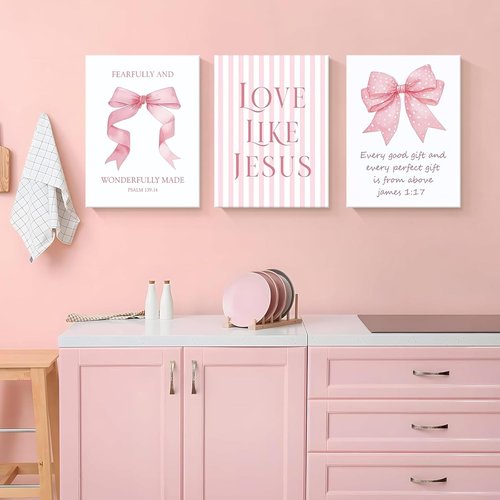 Dytila 3 Piece Pink Bows Wall Art - Cute Bible Verse Decor for Girls' Rooms | 12x16 Inch Dorm Artwork