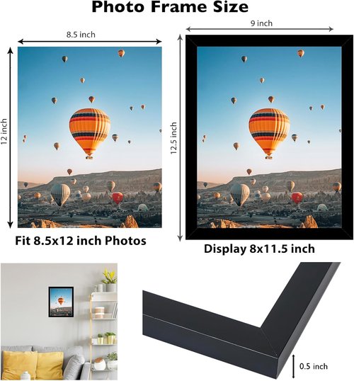 JCJMY Picture Frame - 8.5x12 Black Wall Hanging or Tabletop Display | Shatter Resistant Plexiglass