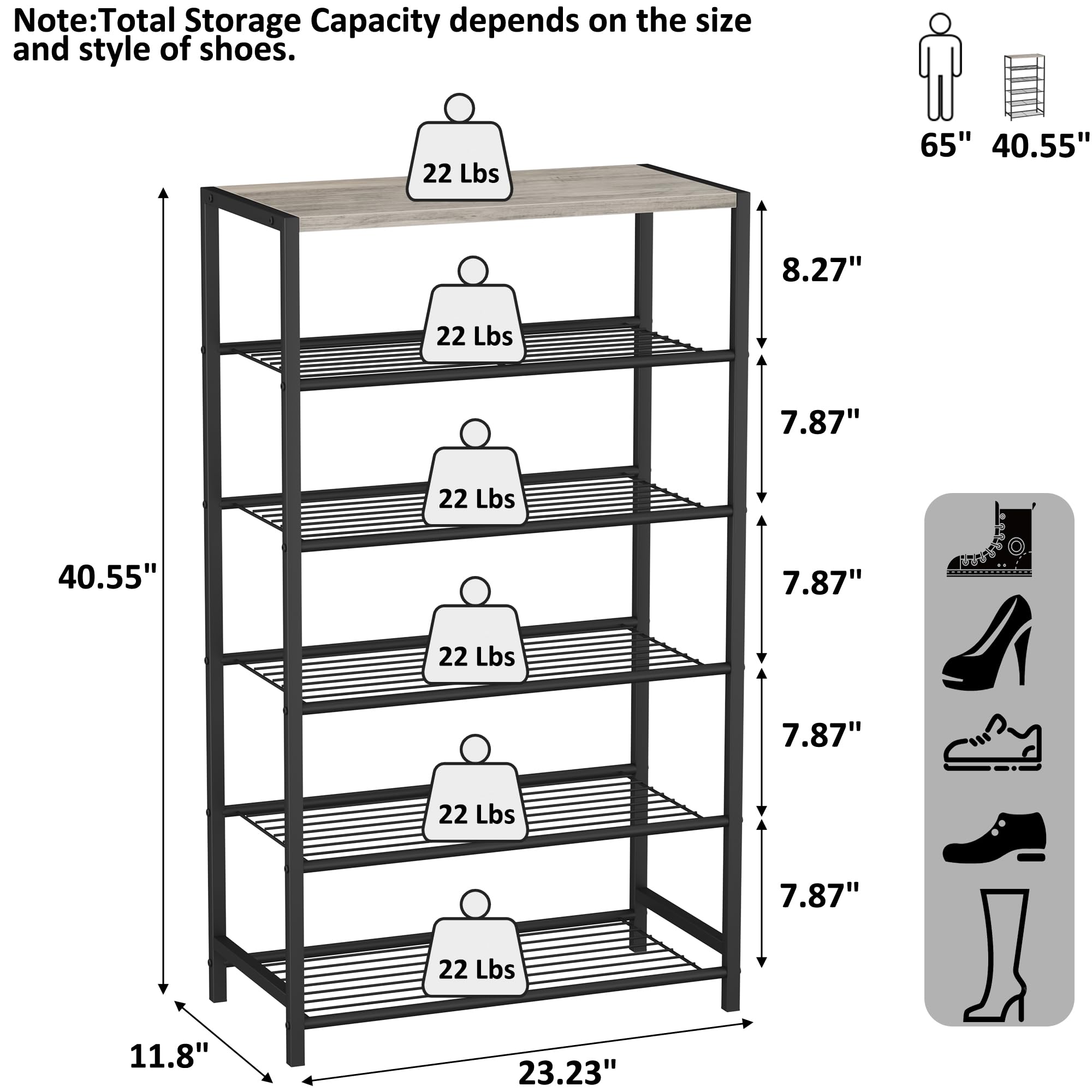 HOMEFORT 6 Tiers Shoe Rack Organizer,23" Shoe Storage Shelf for Closet, Shoe Rack for Entryway, Each Tier Fits 3 Pairs, Shoe Stand with Metal Shelves and MDF Top Board, Washed Gray