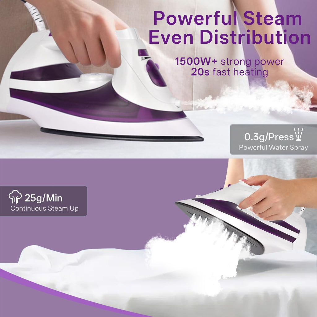 MARTISAN Steam Iron, New Version, Mini Steamer, Powerful Steam, Anti-Calc, Anti-drip, Self-Cleaning, Smooth Non-stick Soleplate, Variable Temperature, Steam Burst, Purple