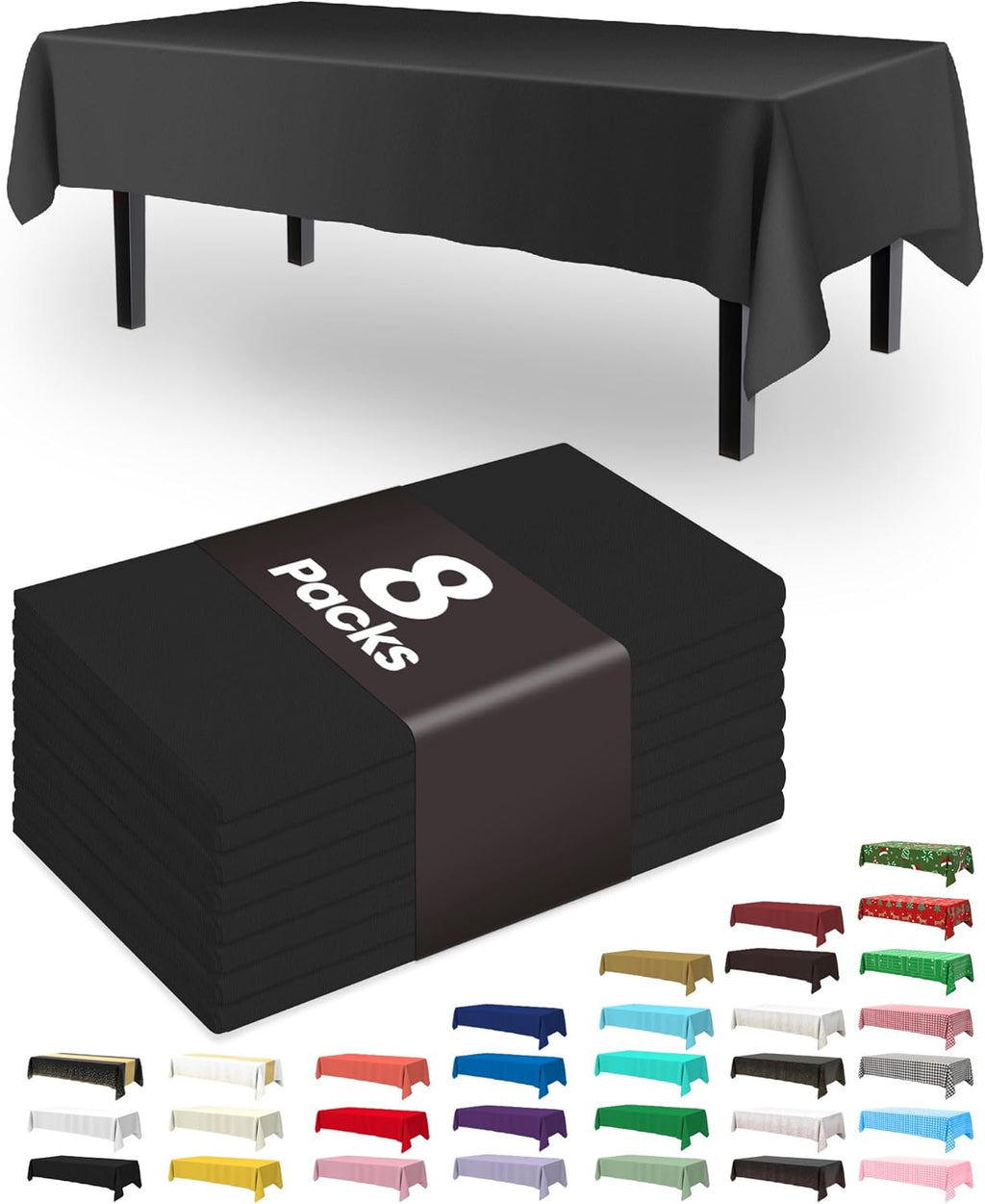 Pureegg Disposable Plastic Tablecloths - 8 Pack, 54 x 108 Inch, Leakproof & Sturdy for Graduation Parties - Black