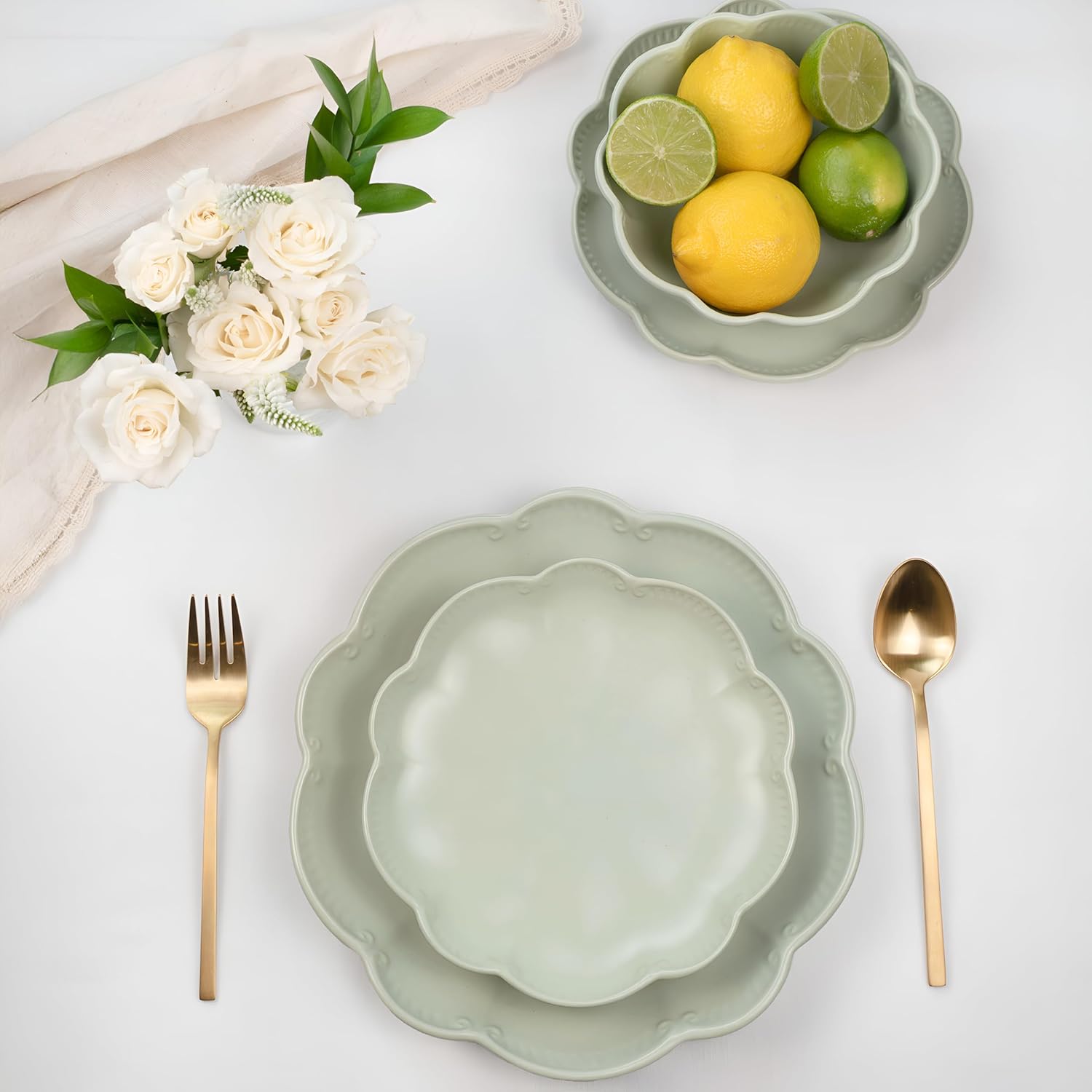 Sango 12-Piece Scalloped Dinnerware Set - Sage Green Ceramic Dishes for 4 | Chip Resistant & Dishwasher Safe