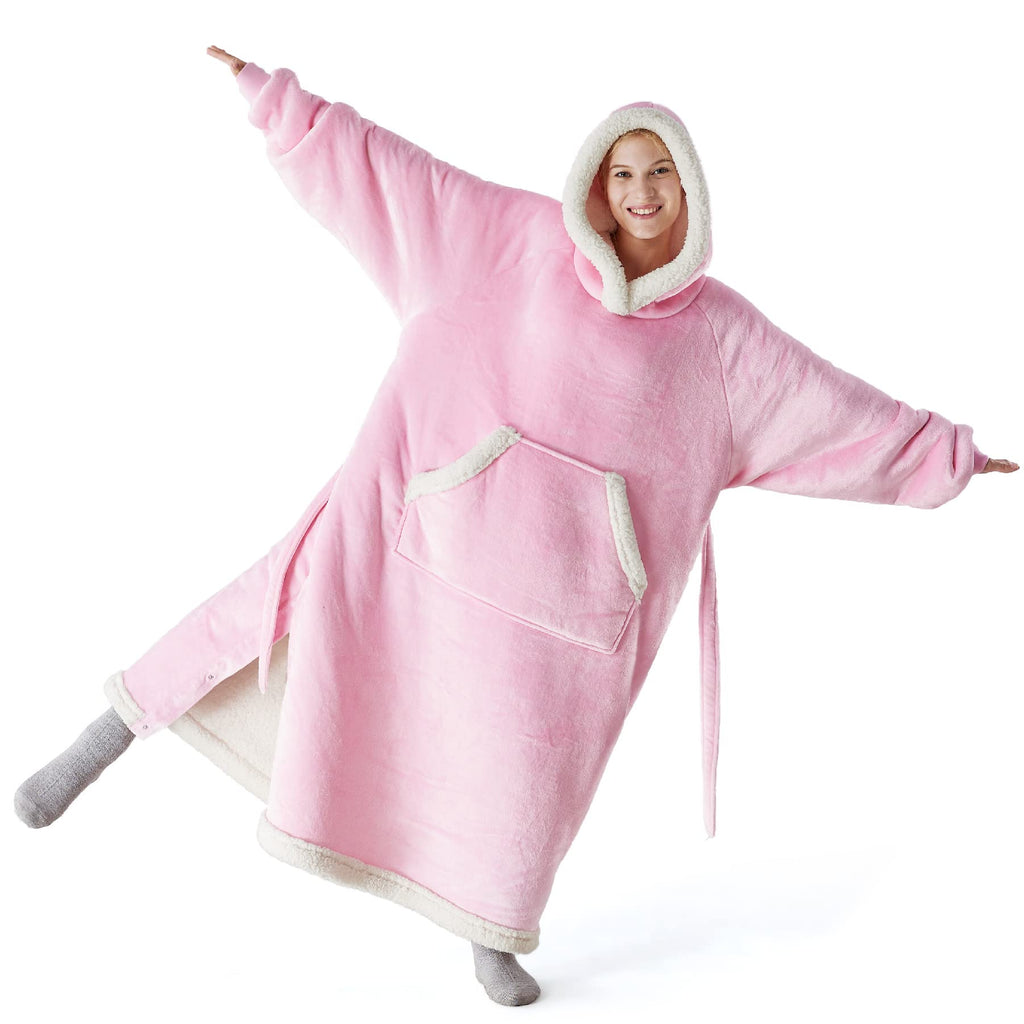 Bedsure Oversized Blanket Hoodie - Long-length Wearable Hooded Blanket Sweatshirt with Side Split, Belt and Big Hood, Giant Warm Sherpa Sweater Blanket Jacket, Pink
