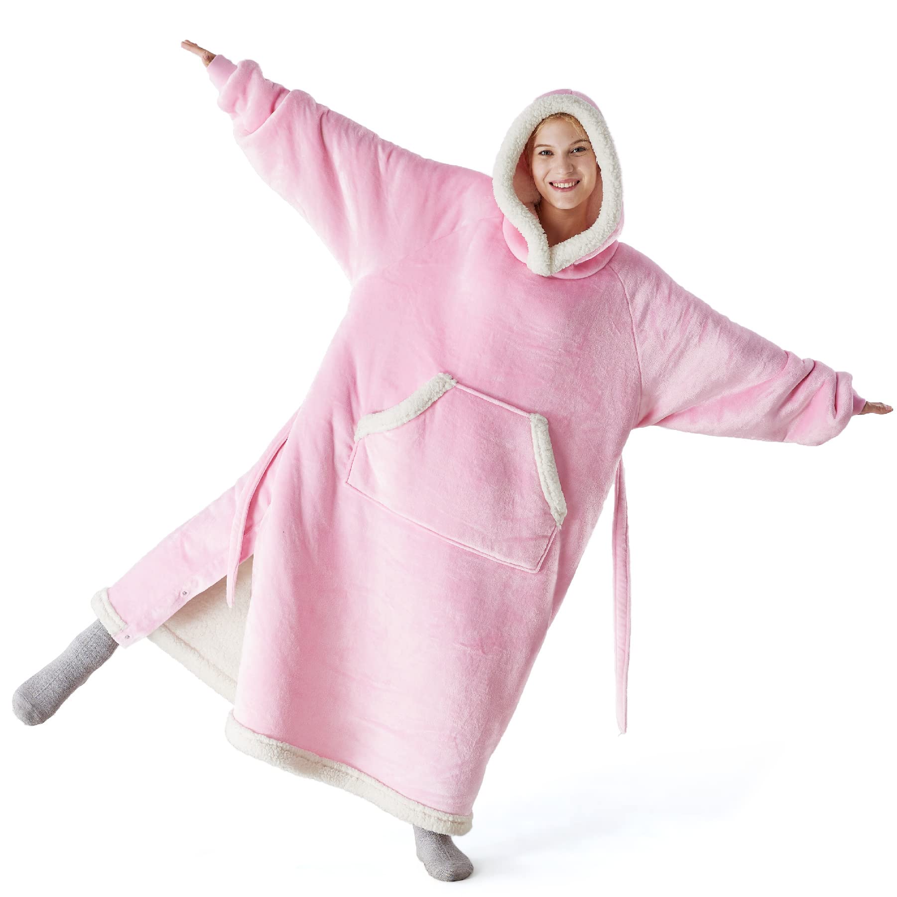 Bedsure Oversized Blanket Hoodie - Long-length Wearable Hooded Blanket Sweatshirt with Side Split, Belt and Big Hood, Giant Warm Sherpa Sweater Blanket Jacket, Pink