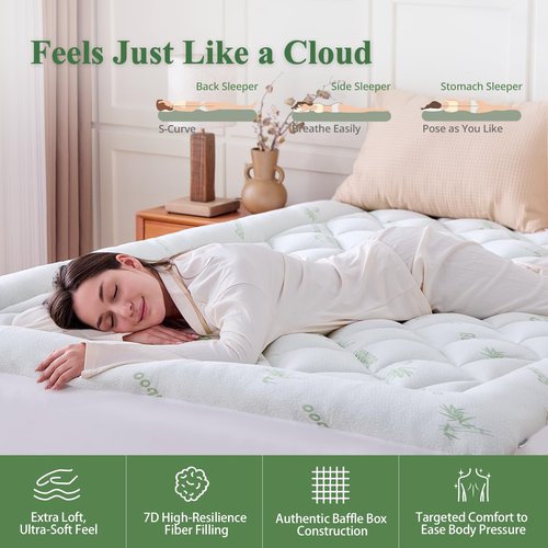 KRIMANO Queen Mattress Topper, Viscose Derived from Bamboo Thick Pillow Top Mattress Pad with Deep Pocket, Naturally Cooling for Hot Sleepers, Soft for Back Pain Relief, Green