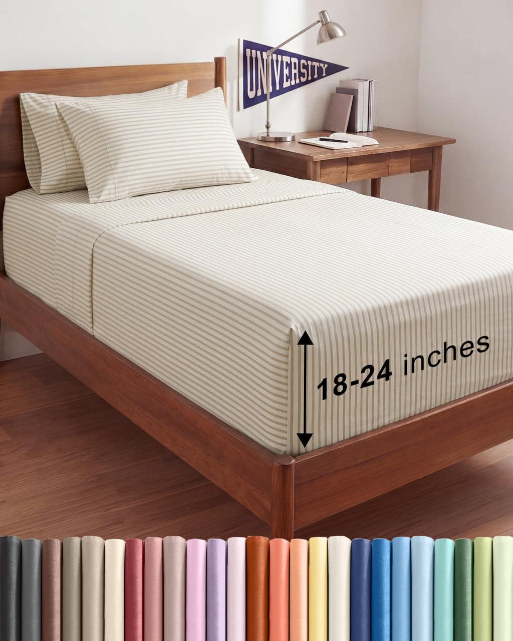 Skiennix Extra Deep Twin XL Sheet Set - 4 Piece Breathable Cooling Bedding - Soft Wrinkle-Free Beige Stripes