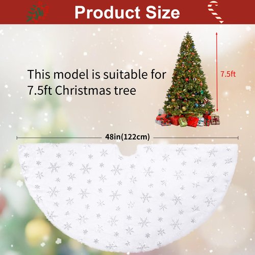 48 Inches Christmas Tree Skirt, Snowy Faux Fur White Tree Skirts with Silver Sequin Snowflakes for Xmas Tree Home Holiday Party Indoor Christmas Decorations with String Lights
