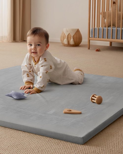 Blissful Diary Thick Baby Play Mat - 50x50 Removable & Washable Ultra Soft Crawling Rug | Light Grey