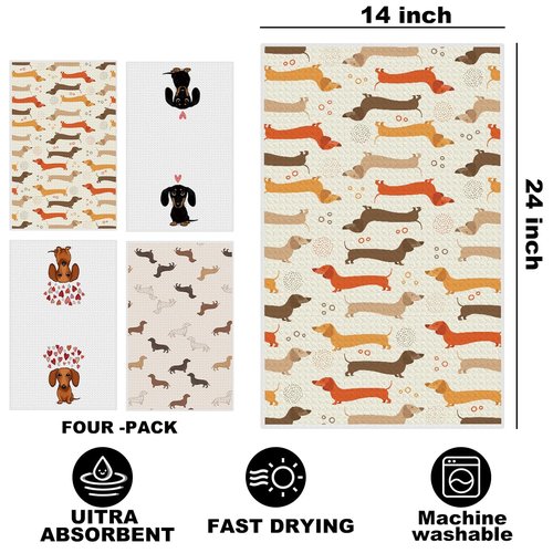 4 Pcs Dachshund Kitchen Towels 24x14 Inch, Dachshund Gifts Reusable Dish Towels for Kitchen Bathroom Decor, Waffle Weave Absorbent Hand Cloth Tea Towel, Cute Weiner Dog Gifts for Women Mom Friend