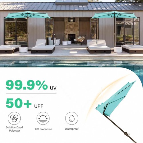 JEAREY 9ft Half Patio Umbrella - Crank-Operated, UV Protection, 1/2 Round Design for Pool & Garden - Teal Blue