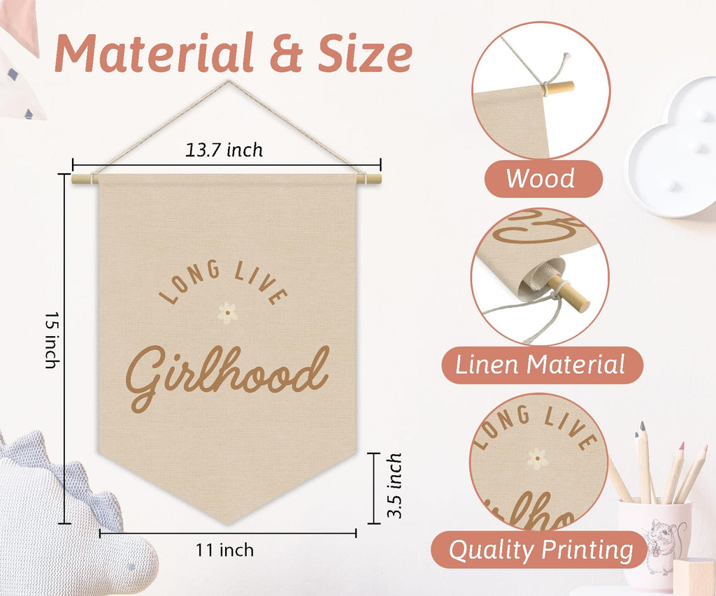 XYDEG Girl Nursery Decor, Long Live Girlhood Linen Canvas Banner, Pink Preppy Girly Wall Hanging Pennant Flag Banner for Girls Nursery Kids Toddler Room Bedroom Dorm Decor, 15x11in