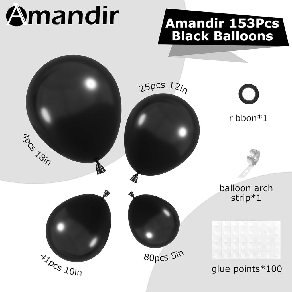 Amandir 153-Piece Black Balloon Arch Garland Kit - Matte Latex Balloons in 5-18 Inch Sizes for Parties