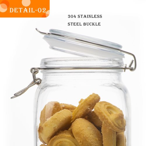 LOOIOOJ 50oz Square Glass Food Storage Jars with Airtight Clamp Lids, 3 Pack Large Kitchen Canisters for Flour, Cereal, Coffee, Pasta and Canning, Mason Jar (Clear 50oz Square - 3 sets)