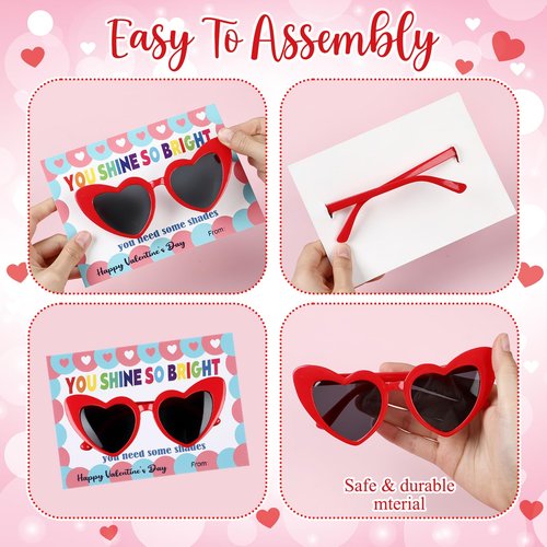 Kathfly 30 Pack Valentine's Day Sunglasses with Gift Cards Valentine Favor Sunglasses with Greeting Cards Prize Supplies Gift(Heart, Cat Eye)