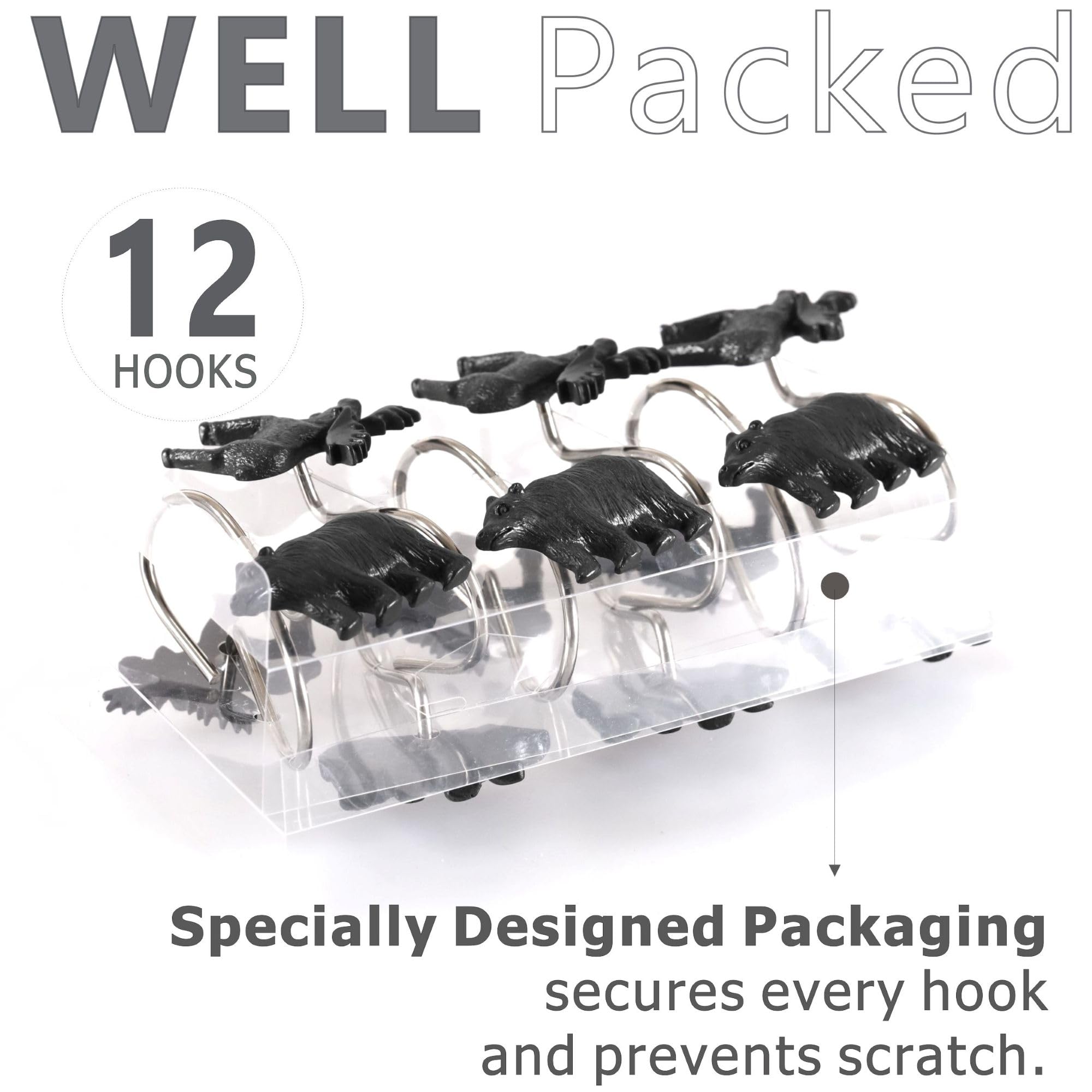 Bear & Deer Shower Curtain Hooks：12 Pcs Black Rustic Cabin & Christmas Reindeer Decorative Hooks Rustproof Stainless Steel Rings - Farmhouse Lodge Western & Woodland-Themed Bathroom Home