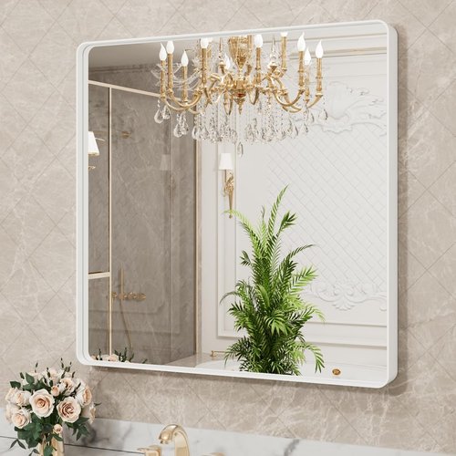 LOAAO Bathroom Mirror - 38x38 Inch White Metal Framed Rounded Rectangle | Anti-Rust Tempered Glass, Versatile Hanging Options