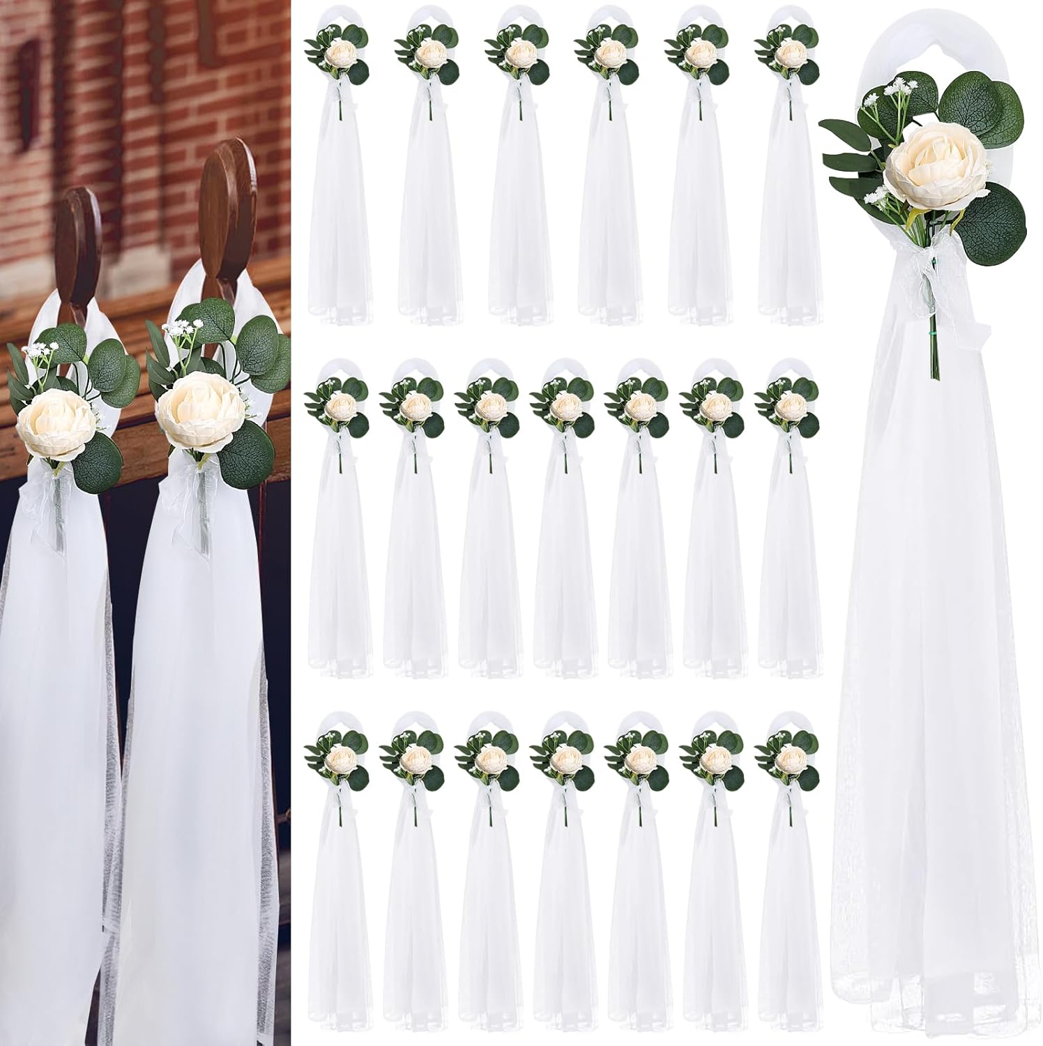 Regine Switzerland Wedding Aisle Decorations - 39.4 Inches Artificial Silk Rose Flowers with Long Tulle Tails in Champagne