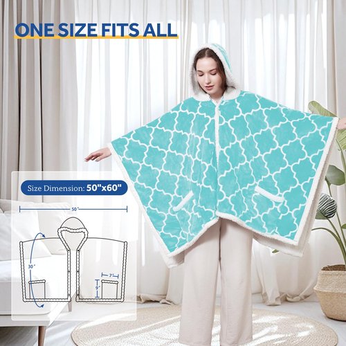 Sealy Wearable Heated Throw Blanket, Flannel & Sherpa Electric Throw Shawl Poncho with Hoodie & Pocket, 6 Heating Levels & 2-10 Hours Auto Shut Off, Machine Washable, 50x60 Inch, Light Blue