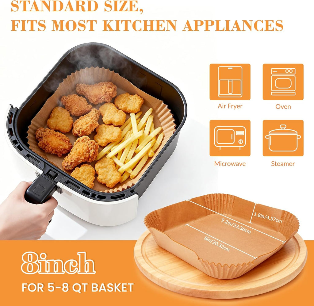 Air Fryer Liners - 125 Pcs Non-Stick Disposable Square Liners | 8 Inch, Heat Resistant Up to 450°F