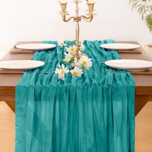 **Socomi Teal Blue Cheesecloth Table Runner - Boho Rustic 120 Inch for Weddings & Home Decor**