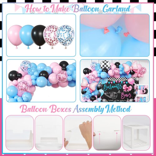 Burnouts or Bows Gender Reveal Decorations - 143pcs Pink Blue Balloon Garland Kit, 4pcs Baby Box With Letters, What Will the Baby Be Backdrop, Boy or Girl Gender Reveal Party Supplies