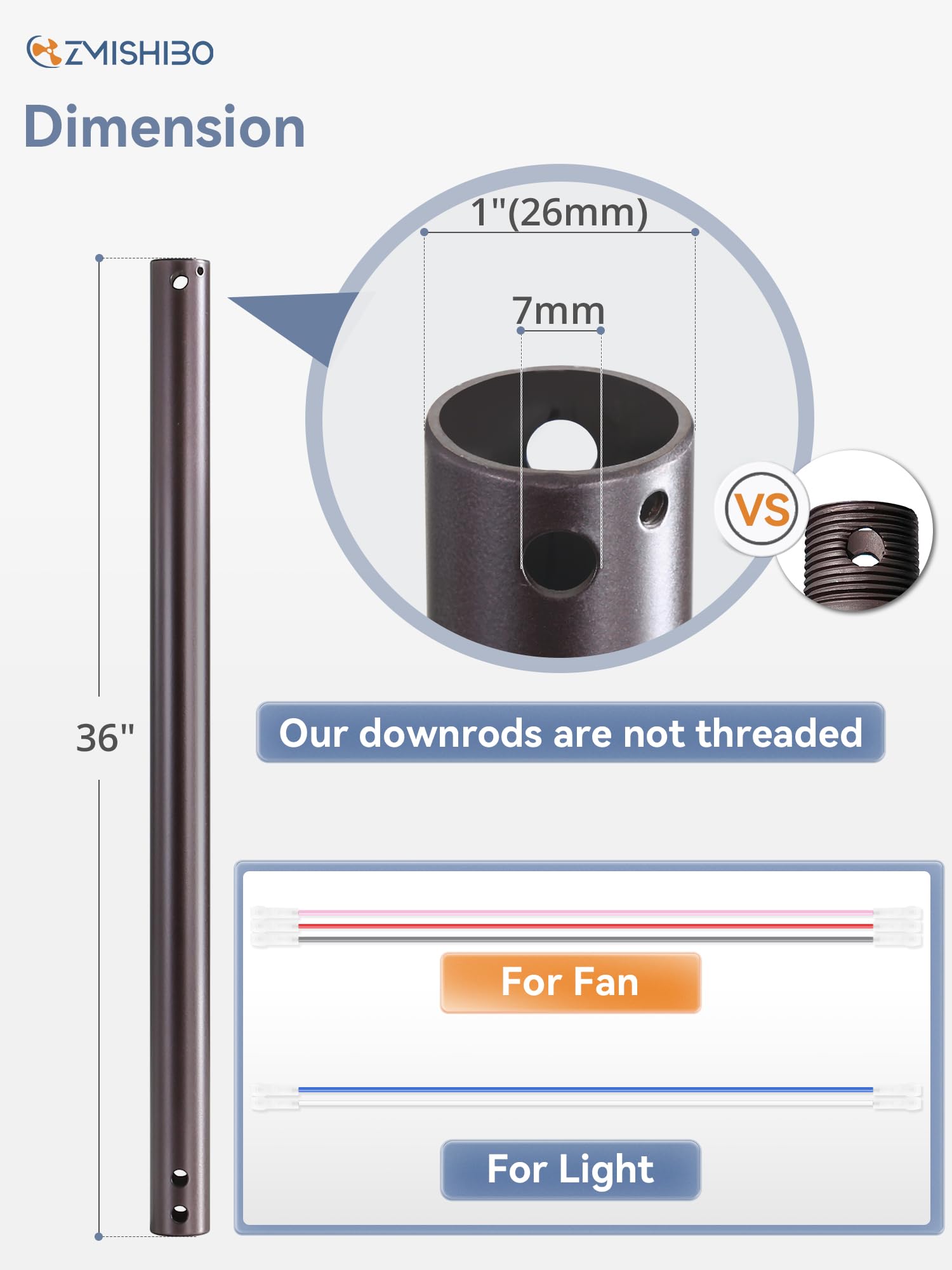 ZMISHIBO 36 Inch Ceiling Fan Downrod with Extension Cord, 1" Diameter and 36" Height Ceiling Fan Extension Rod with Wires, Downrods Extension for Most of Ceiling Fans, Oil Bronze, Not Threaded