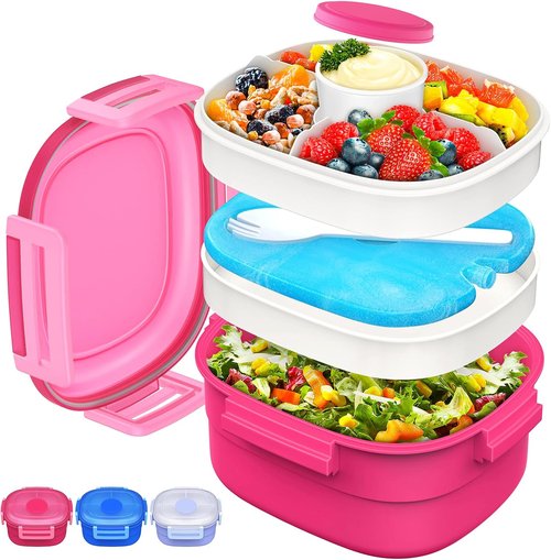 Cherrysea Salad Lunch Container - Leakproof Bento Box with Ice Pack & 4 Compartments | Pink, 1.3L