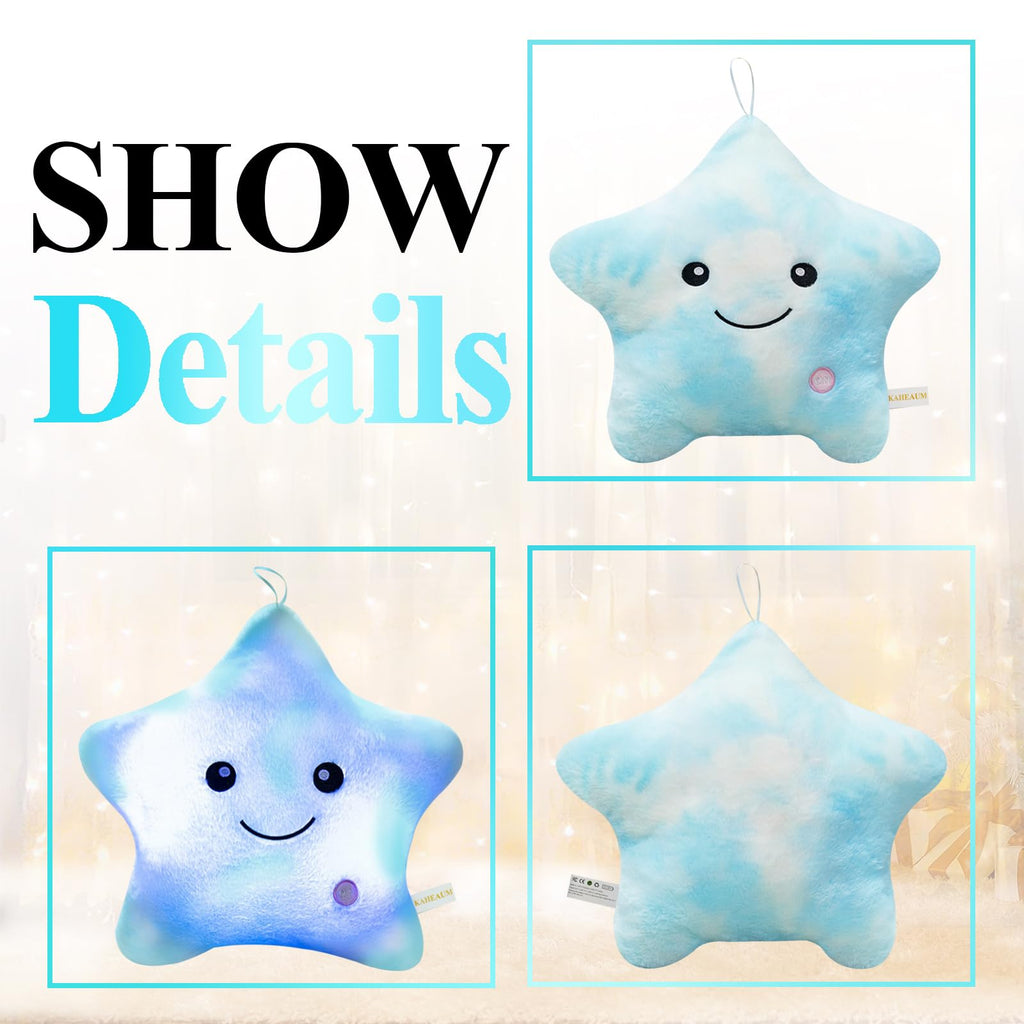 KAHEAUM LED Night Light Star Pillow for Kids Throw Pillow Home Decor Couch Bedroom Office, Cute Stuffed Animals for Girls Plushies Boys Children Toys Daughter Doll Christmas Birthday Gifts White Blue