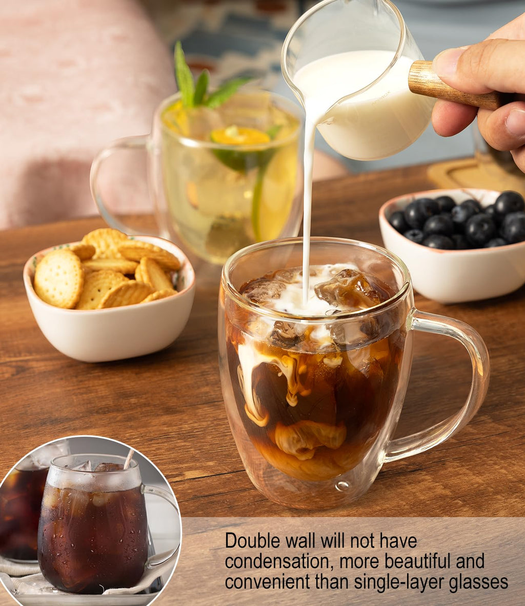 Potdoctor Double Walled Glass Coffee Mugs Set of 4, 12.5OZ Hand Blown Insulated Clear Glass Coffee Cups with Handle,Perfect for Latte,Cappuccino, Espresso, American,Tea Bag, Beverage
