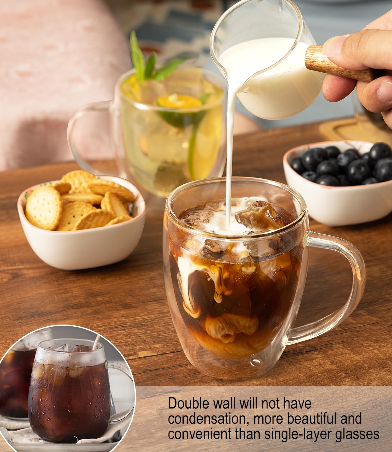 Potdoctor Double Walled Glass Coffee Mugs Set of 4, 12.5OZ Hand Blown Insulated Clear Glass Coffee Cups with Handle,Perfect for Latte,Cappuccino, Espresso, American,Tea Bag, Beverage
