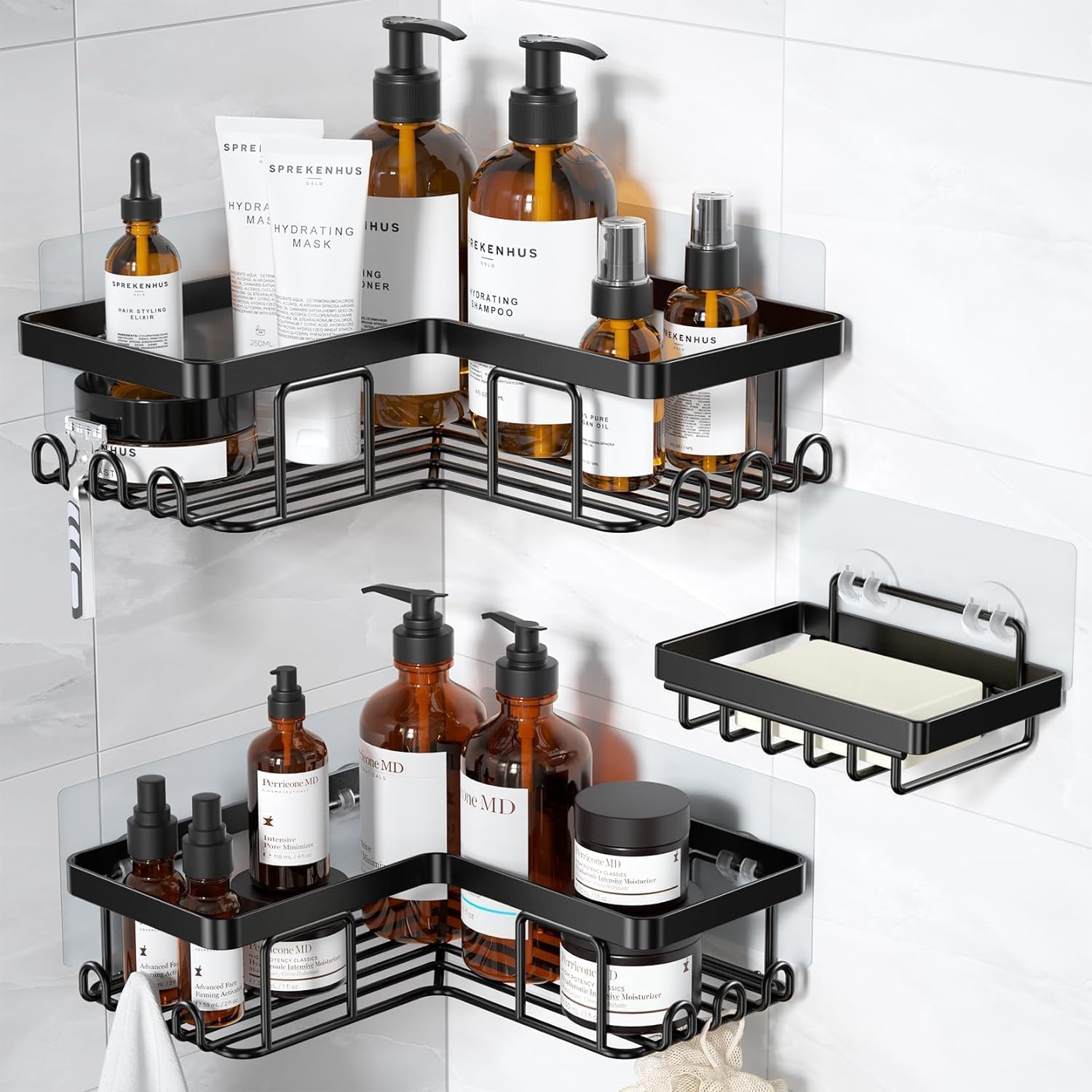 YASONIC L-Shaped Shower Curtain Rod - Includes 3 Pack Corner Shower Caddy for Optimal Space Saving