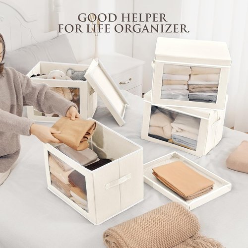 Homsorout Storage Bins - 4 Pack Large Fabric Organizers with Lids & Handles | Beige for Clothes & Towels