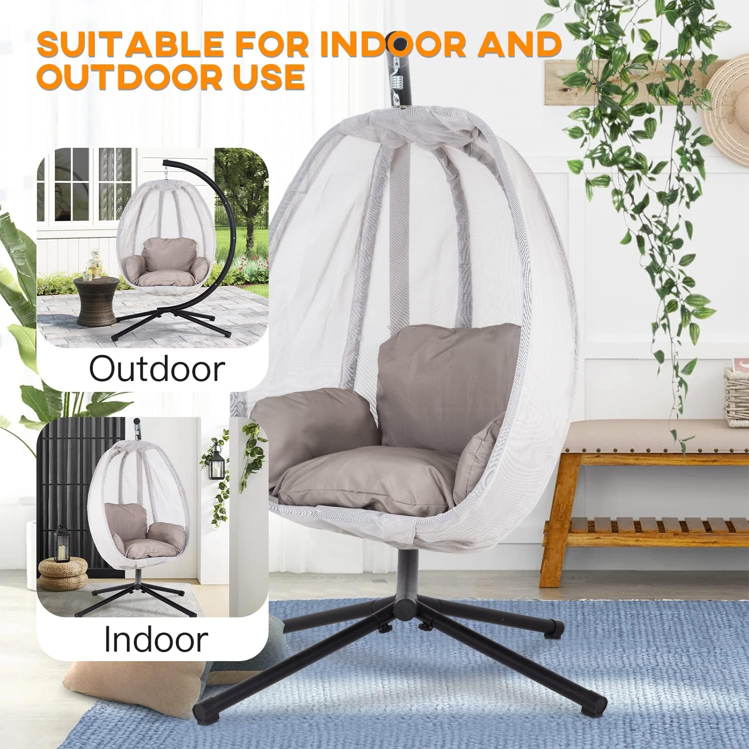 Skiennix Swing Egg Chair - Comfortable Hammock Chair with Metal Stand & Cushion | Gray, 400LBS Capacity