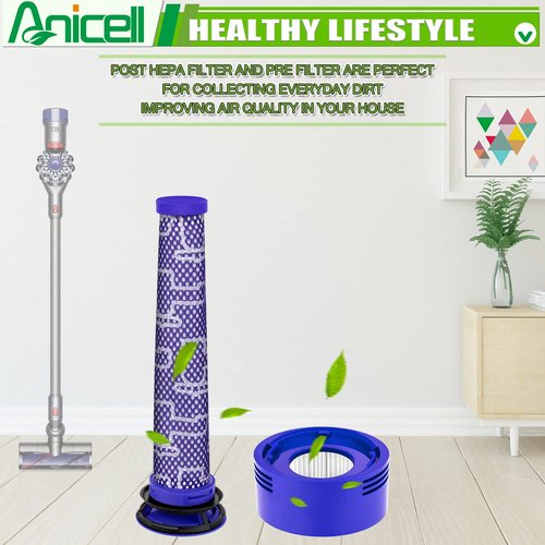 Anicell V8 Filter Replacement Compatible with Dyson V7 V8 Animal V8 Absolute V8 Motorhead Origin SV10 V7 Animal V7 Cordless Stick Vacuum, 2 HEPA Post Filters+2 Pre Filters, Part 965661-01 & 967478-01