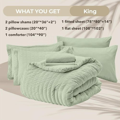HYMOKEGE King Size Comforter Set - Light Green Seersucker 7-Piece Luxury Bedding Set