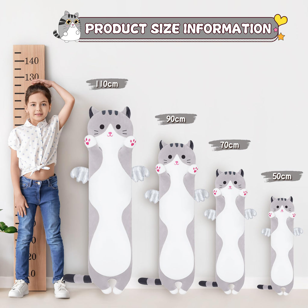 Yeqivo Soft Cat Plush Pillow, Grey Long Cat Stuffed Animals Soft Long Kitten Plushies Kawaii Cat Stuffed Plush Toy for Kids Girlfriend(50cm/19.6inch)